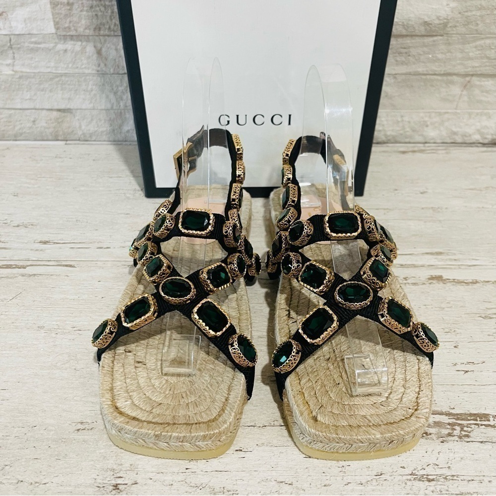 Gucci NEW SZ 36.5 Grosgrain Green Jewel Embellished Espadrille Flat Sandals